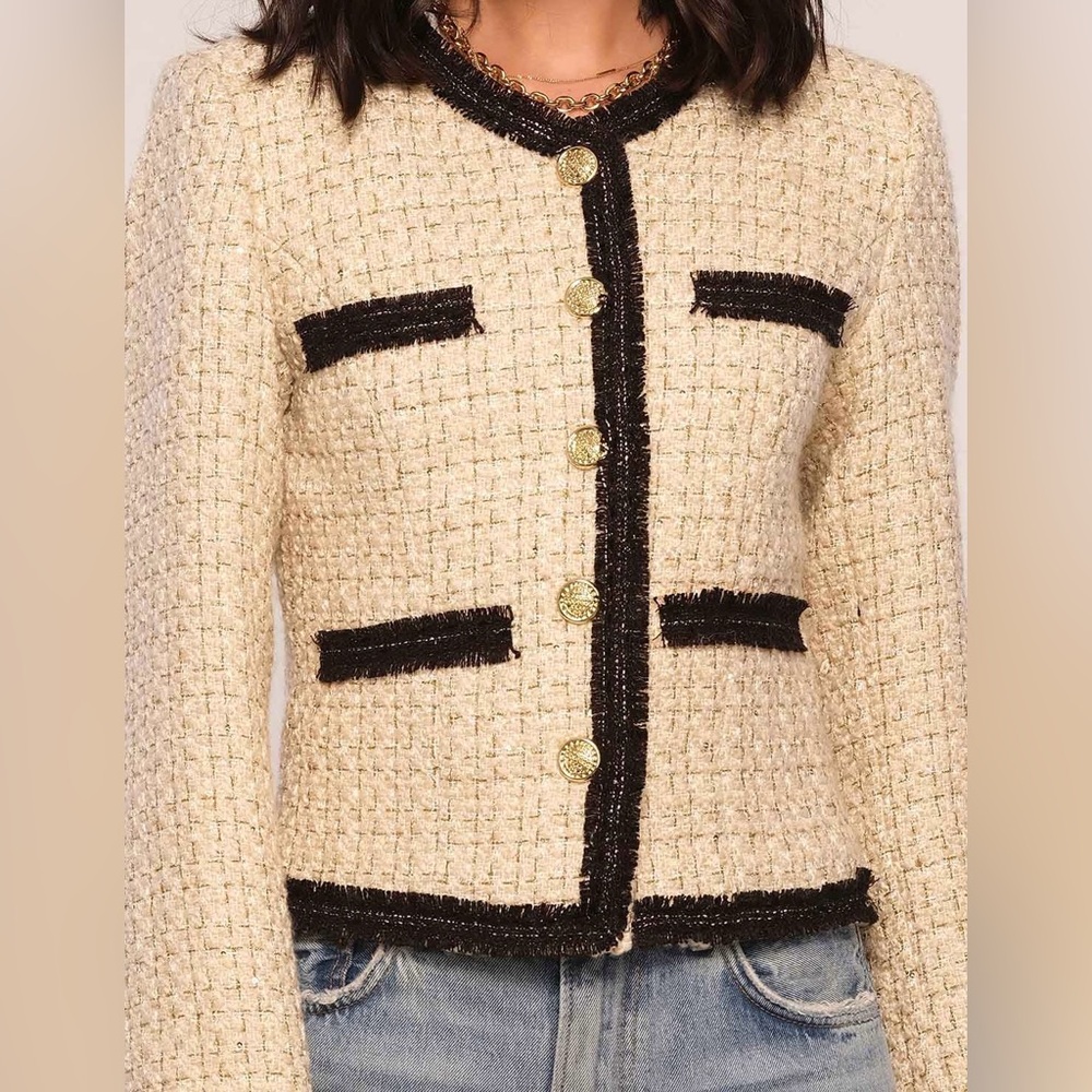 Heartloom NWT Quinn Cropped Tweed Blazer - Ivory/ Black Gold Buttons - Size S